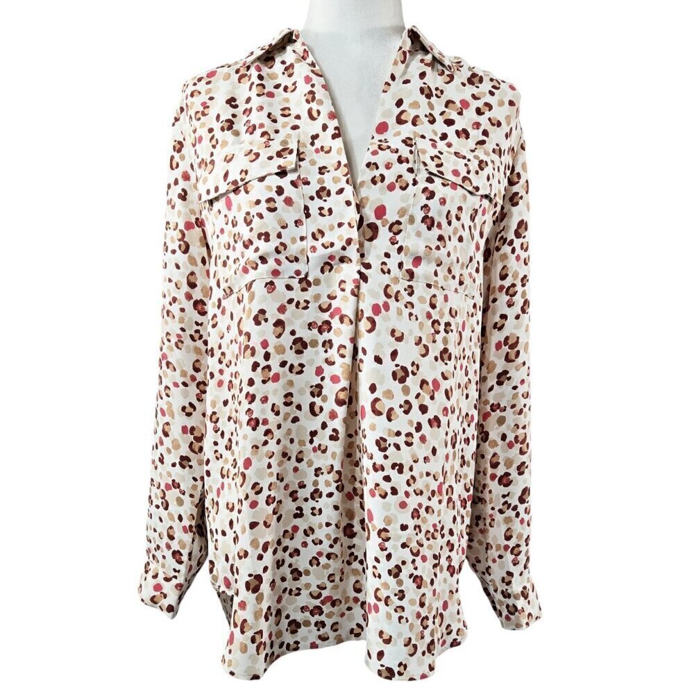 Ann Taylor Cream Animal Print V-Neck Camp Shirt Relaxed Fit Colorful